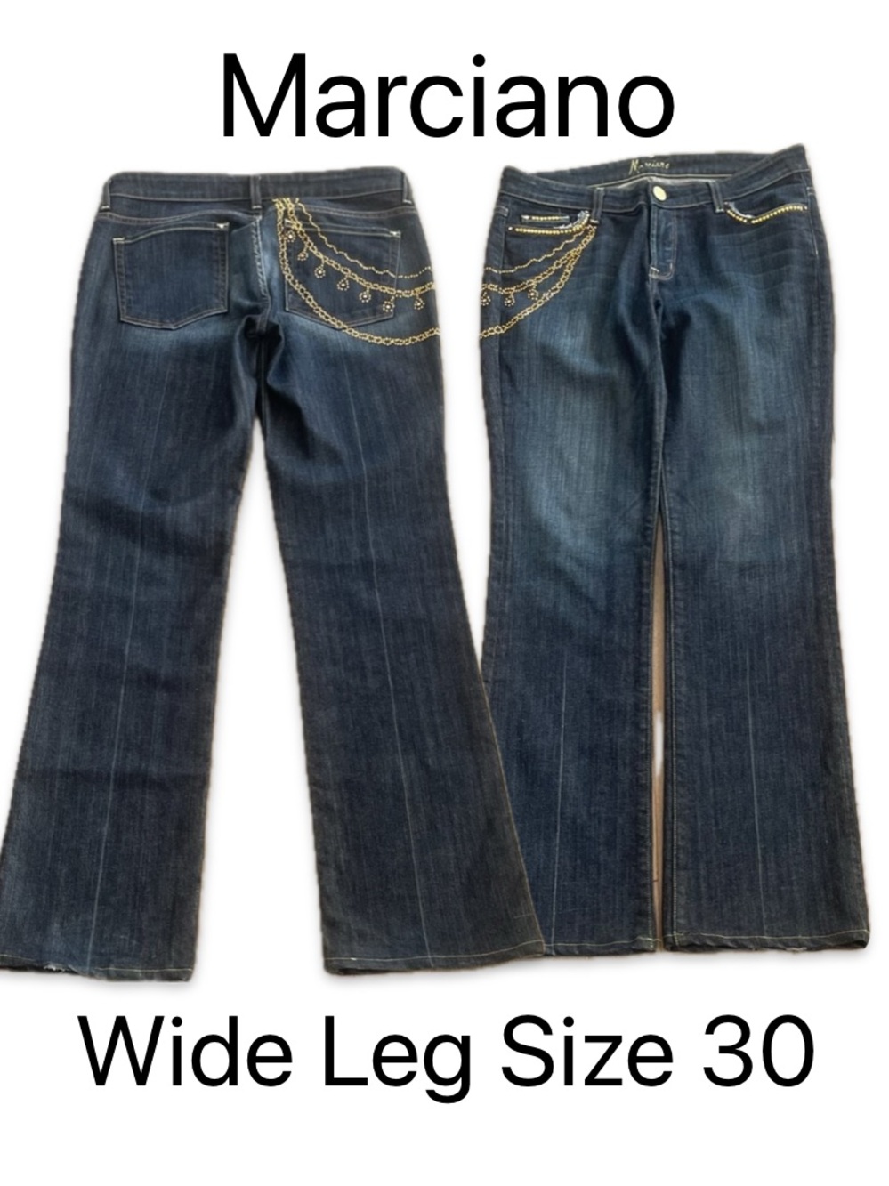 MARCIANO Guess Wide Leg Jeans Gold Studded Rhinestone Bleach Distressed Size 30